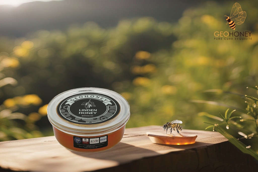A jar of golden raw honey with a spoon, surrounded by flowers and bees, representing the rich history, diverse flavours, and health benefits.